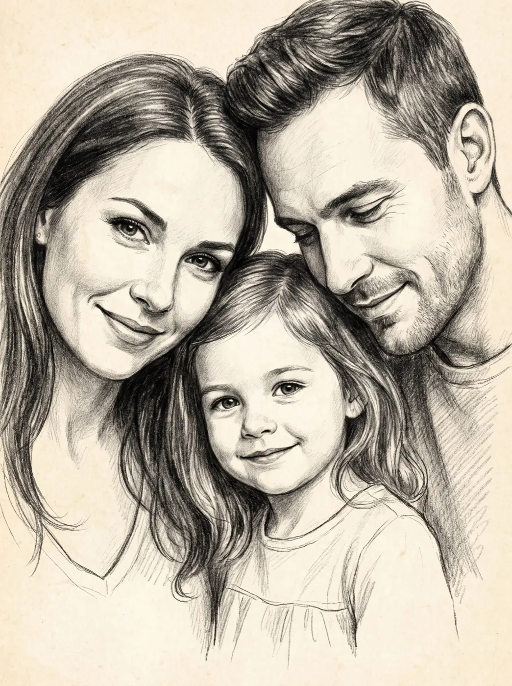 Aile portresi çizimi — anne, baba ve çocuk karakalem